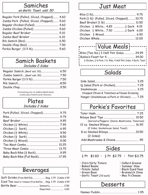 Porkies BBQ Menu