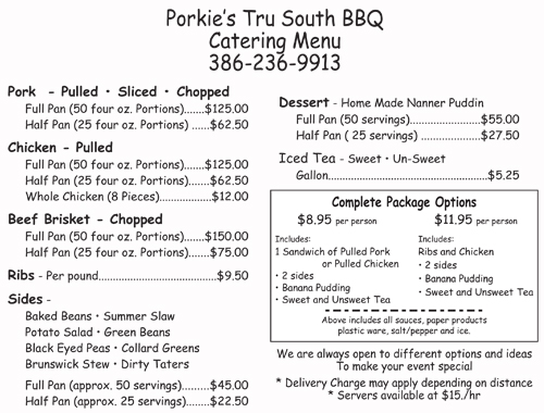 Porkies BBQ Menu