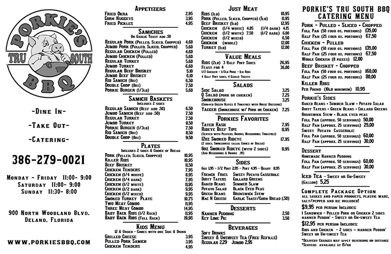 Porkie's BBQ Menu